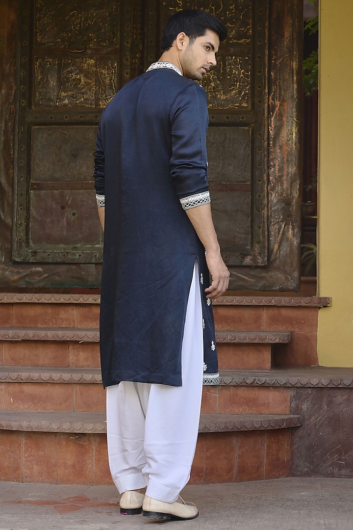 Navy Blue Viscose Cotton Silk Dori Embroidered Kurta Set by Ankit V Kapoor at Pernia's Pop Up Shop