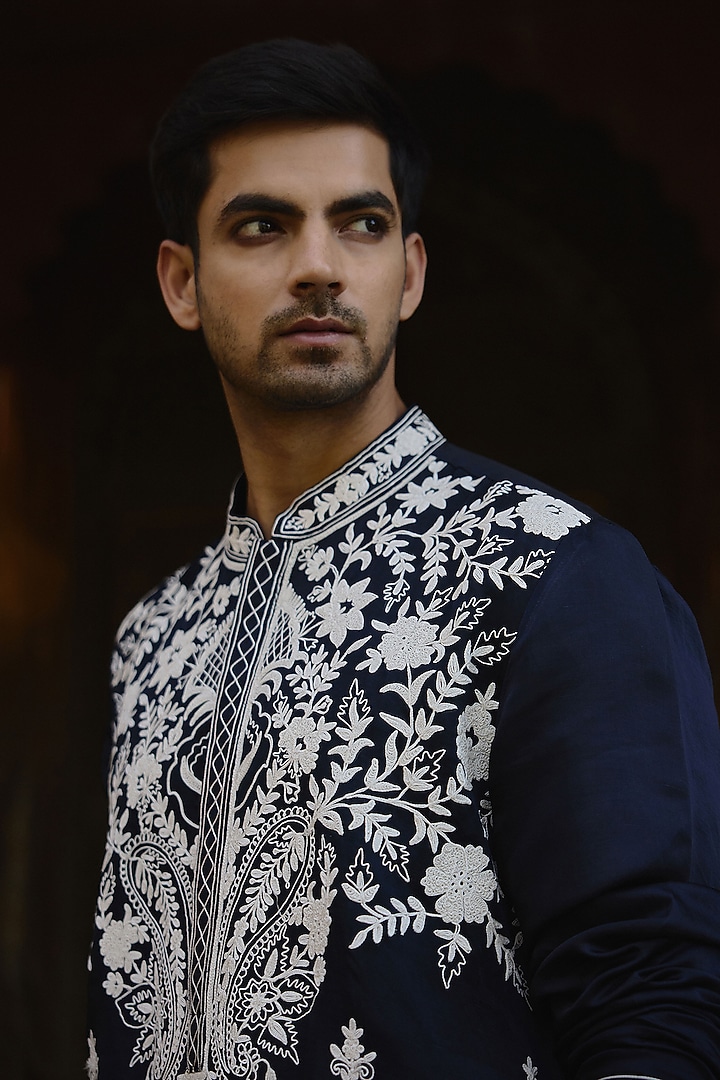 Navy Blue Viscose Cotton Silk Dori Embroidered Kurta Set by Ankit V Kapoor at Pernia's Pop Up Shop