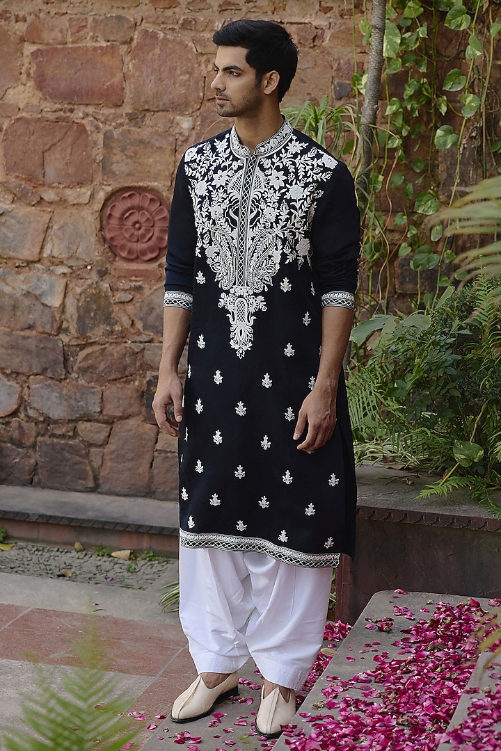 Navy Blue Viscose Cotton Silk Dori Embroidered Kurta Set by Ankit V Kapoor at Pernia's Pop Up Shop