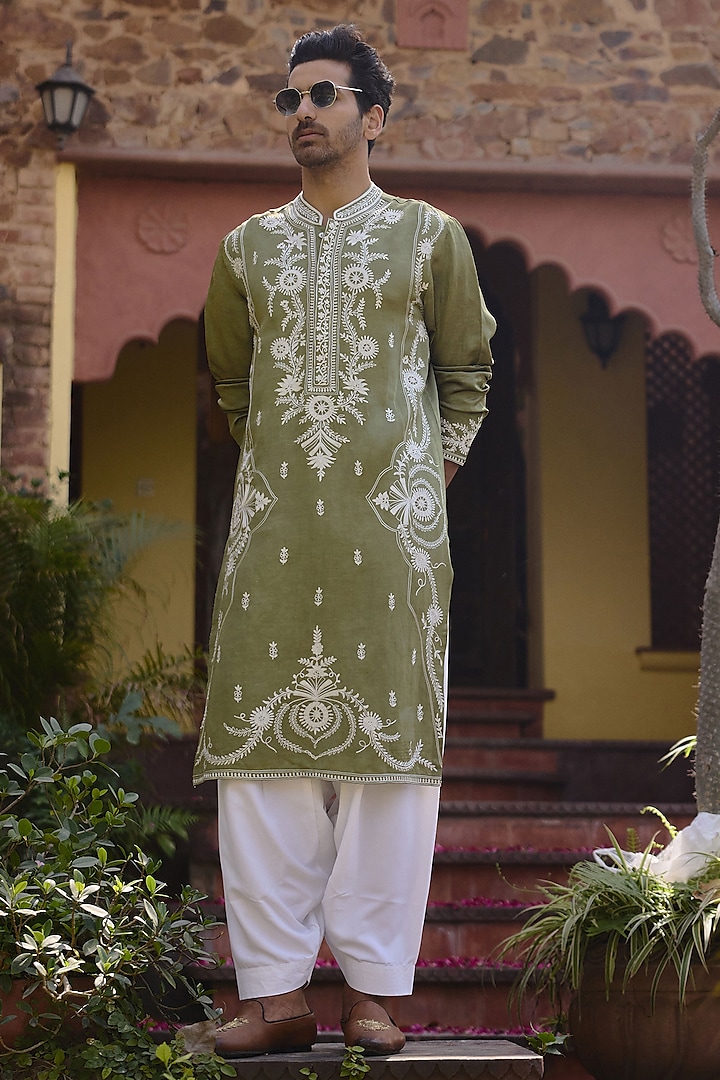 Sap Green Viscose Cotton Silk Hand Embroidered Kurta Set by Ankit V Kapoor