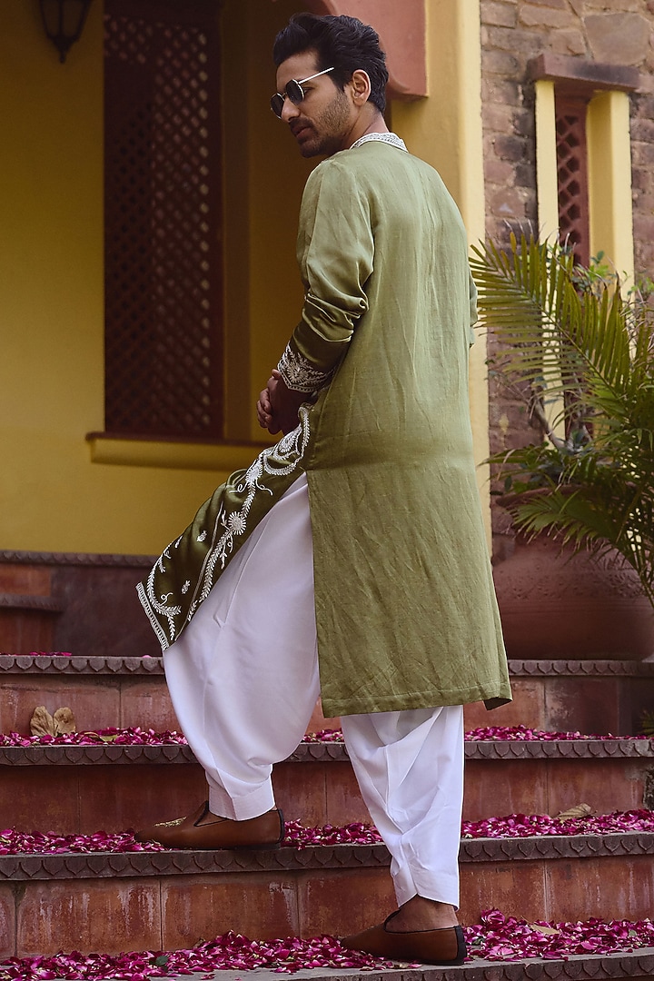 Sap Green Viscose Cotton Silk Hand Embroidered Kurta Set by Ankit V Kapoor at Pernia's Pop Up Shop