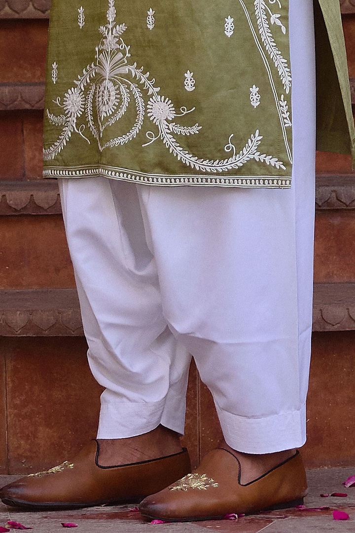 Sap Green Viscose Cotton Silk Hand Embroidered Kurta Set by Ankit V Kapoor at Pernia's Pop Up Shop