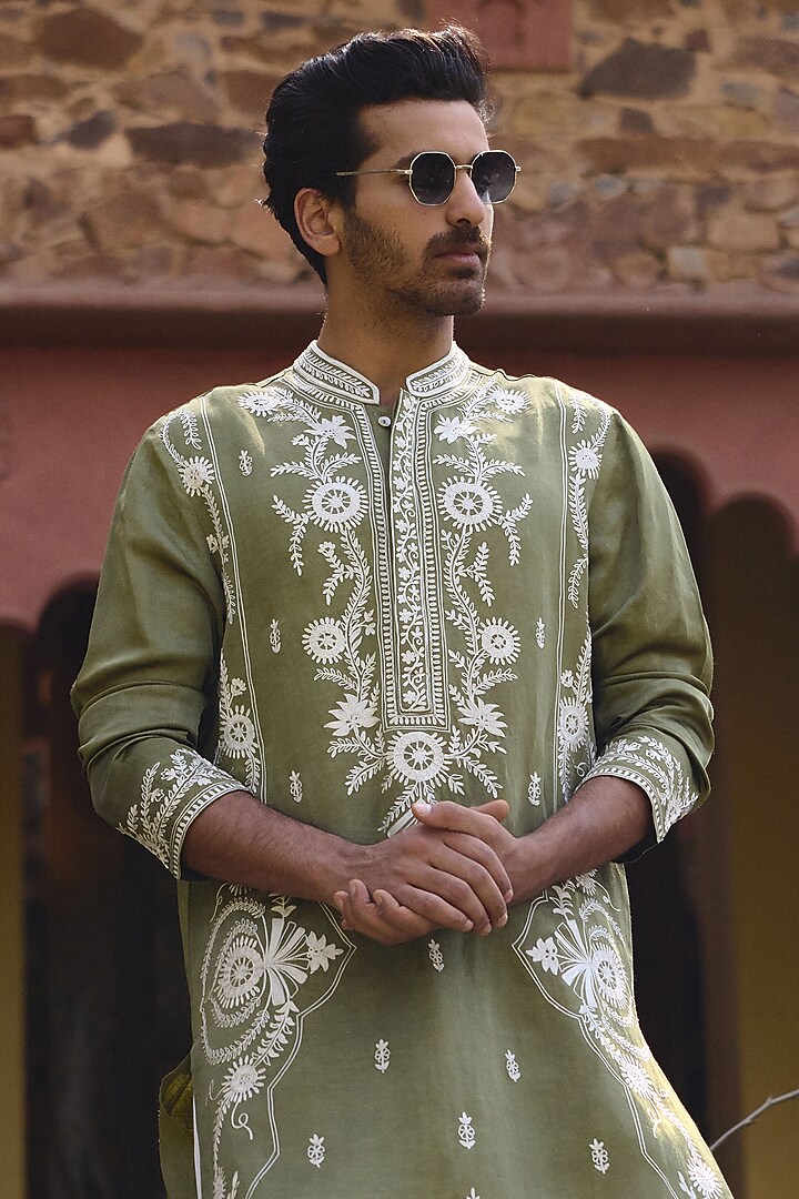 Sap Green Viscose Cotton Silk Hand Embroidered Kurta Set by Ankit V Kapoor at Pernia's Pop Up Shop