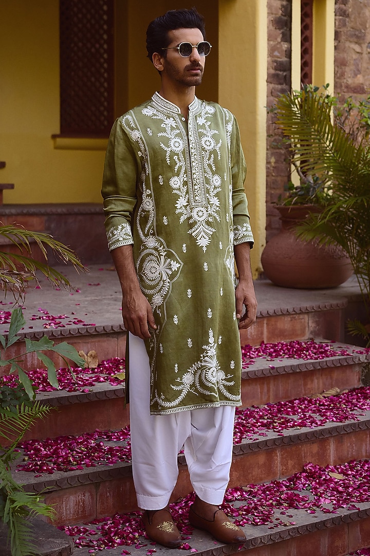 Sap Green Viscose Cotton Silk Hand Embroidered Kurta Set by Ankit V Kapoor at Pernia's Pop Up Shop