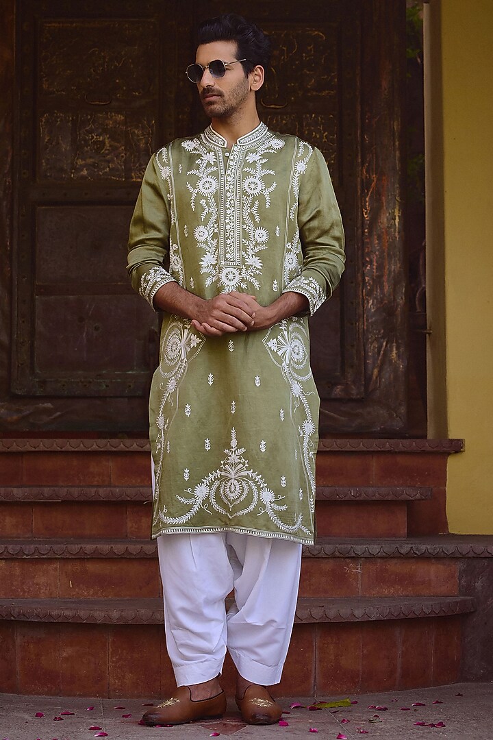 Sap Green Viscose Cotton Silk Hand Embroidered Kurta Set by Ankit V Kapoor at Pernia's Pop Up Shop