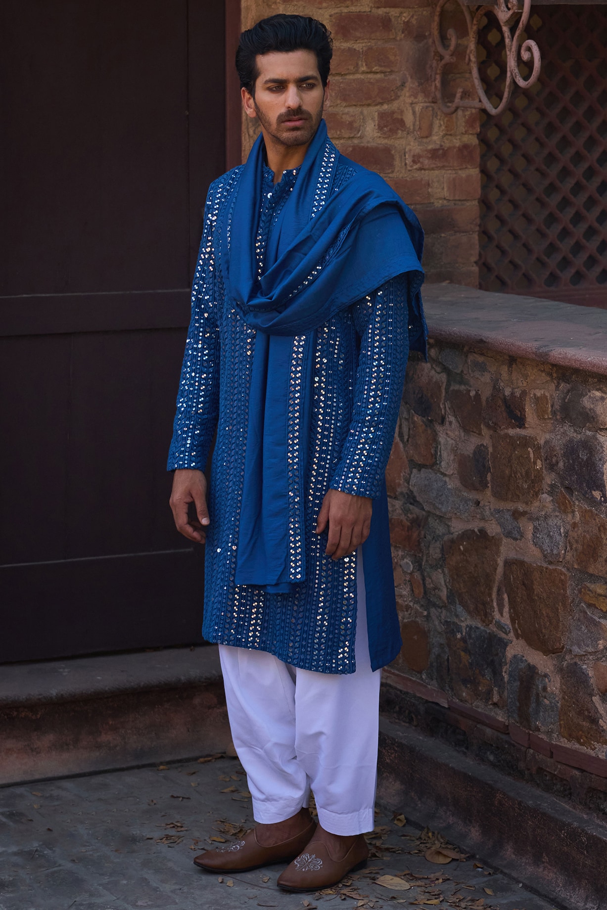 Electric Blue Viscose Cotton Silk Georgette Machine Embroidered