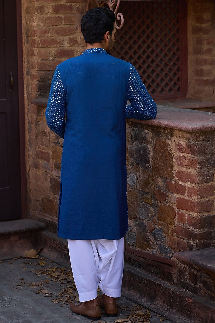 Electric Blue Viscose Cotton Silk & Georgette Machine Embroidered Kurta Set by Ankit V Kapoor at Pernia's Pop Up Shop