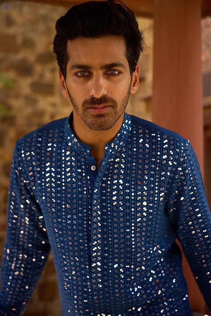 Electric Blue Viscose Cotton Silk & Georgette Machine Embroidered Kurta Set by Ankit V Kapoor at Pernia's Pop Up Shop