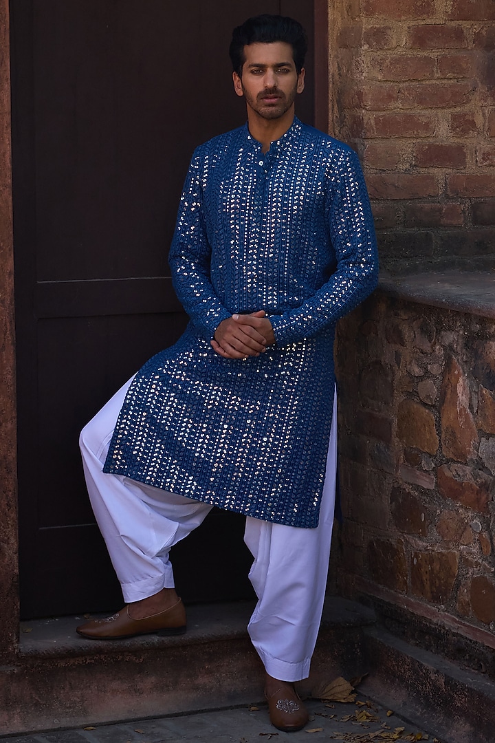 Electric Blue Viscose Cotton Silk & Georgette Machine Embroidered Kurta Set by Ankit V Kapoor at Pernia's Pop Up Shop