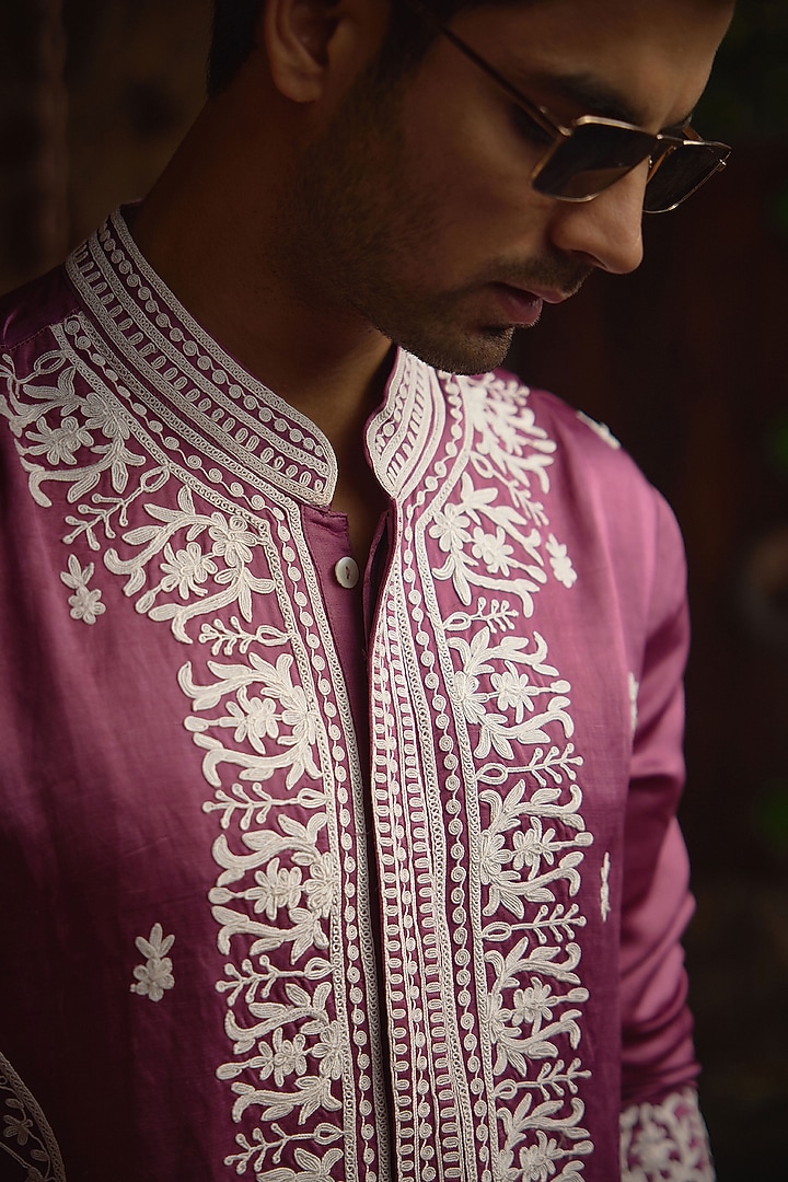 Vintage Rose Viscose Cotton Silk Machine Embroidered Kurta Set by Ankit V Kapoor at Pernia's Pop Up Shop