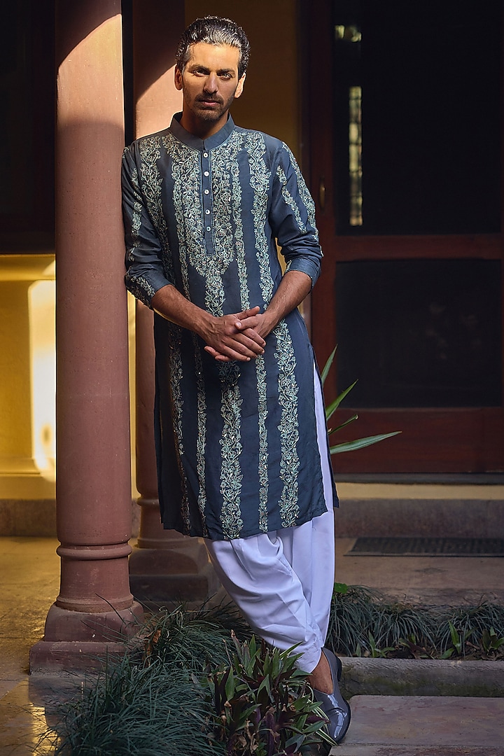 Slate Grey Cotton Silk Blend Hand Embroidered Kurta Set by Ankit V Kapoor at Pernia's Pop Up Shop