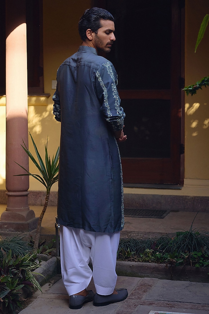Slate Grey Cotton Silk Blend Hand Embroidered Kurta Set by Ankit V Kapoor at Pernia's Pop Up Shop
