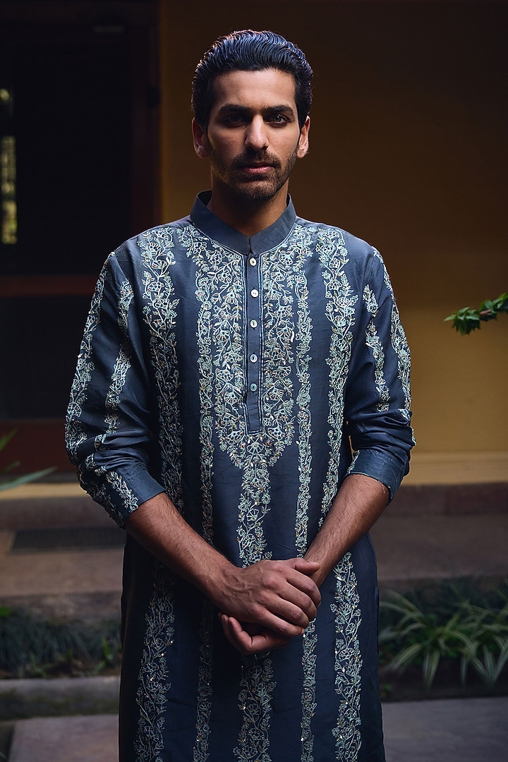 Slate Grey Cotton Silk Blend Hand Embroidered Kurta Set by Ankit V Kapoor at Pernia's Pop Up Shop