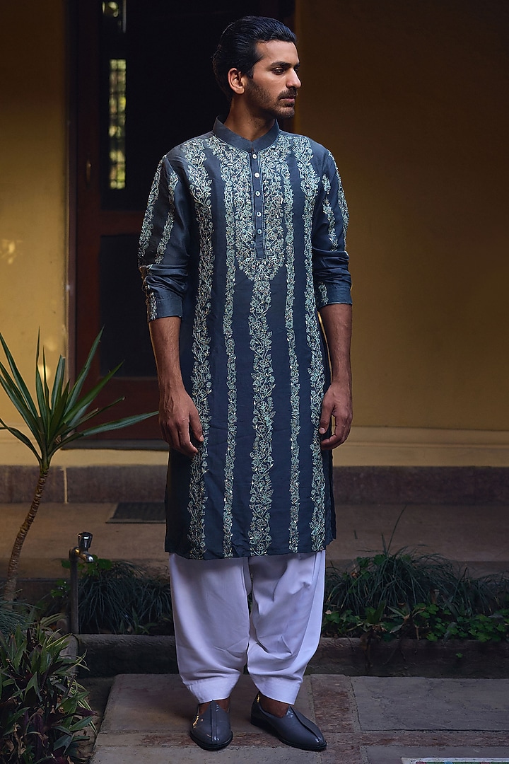 Slate Grey Cotton Silk Blend Hand Embroidered Kurta Set by Ankit V Kapoor at Pernia's Pop Up Shop
