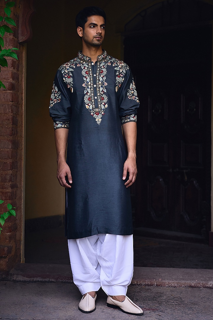 Slate Grey Cotton Silk Hand Embroidered Kurta Set by Ankit V Kapoor