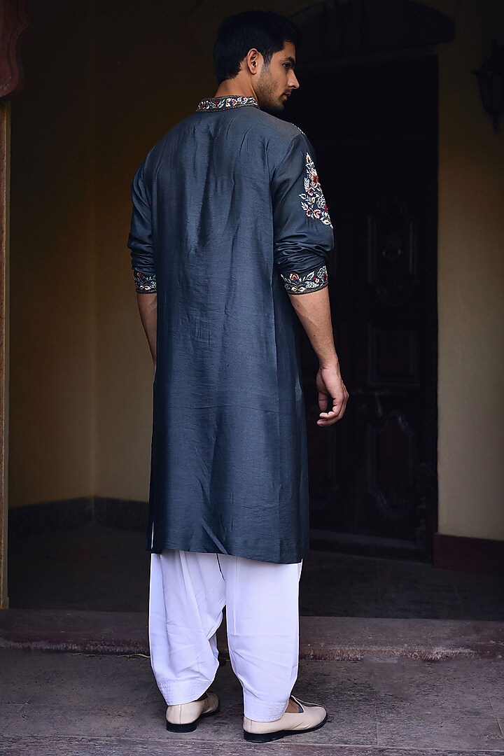 Slate Grey Cotton Silk Hand Embroidered Kurta Set by Ankit V Kapoor at Pernia's Pop Up Shop