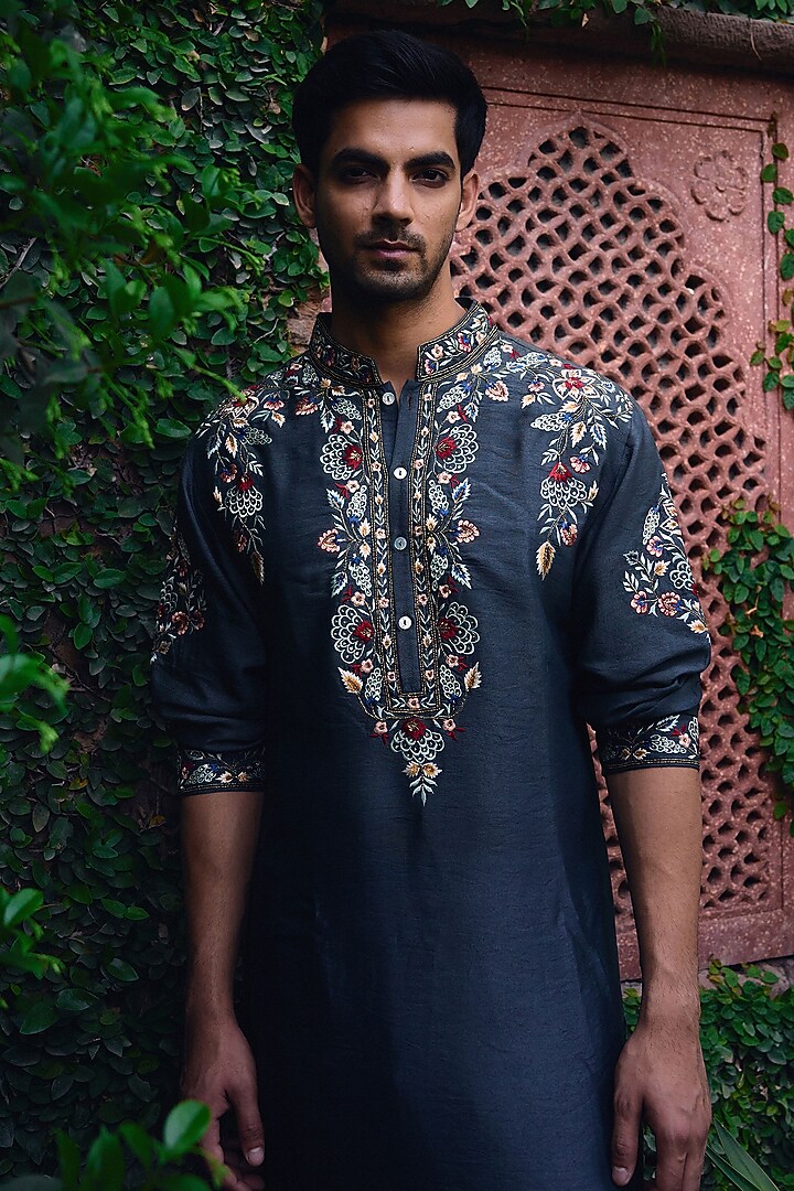 Slate Grey Cotton Silk Hand Embroidered Kurta Set by Ankit V Kapoor at Pernia's Pop Up Shop