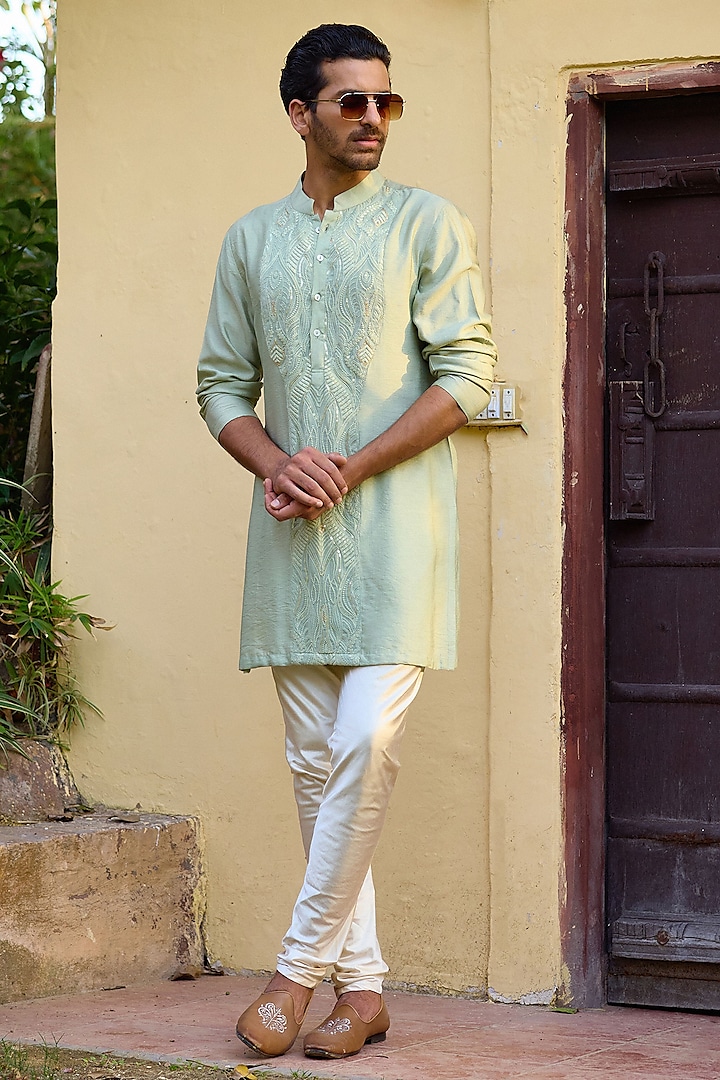 Mint Green Viscose Cotton Silk & Georgette Thread Embroidered Kurta Set by Ankit V Kapoor