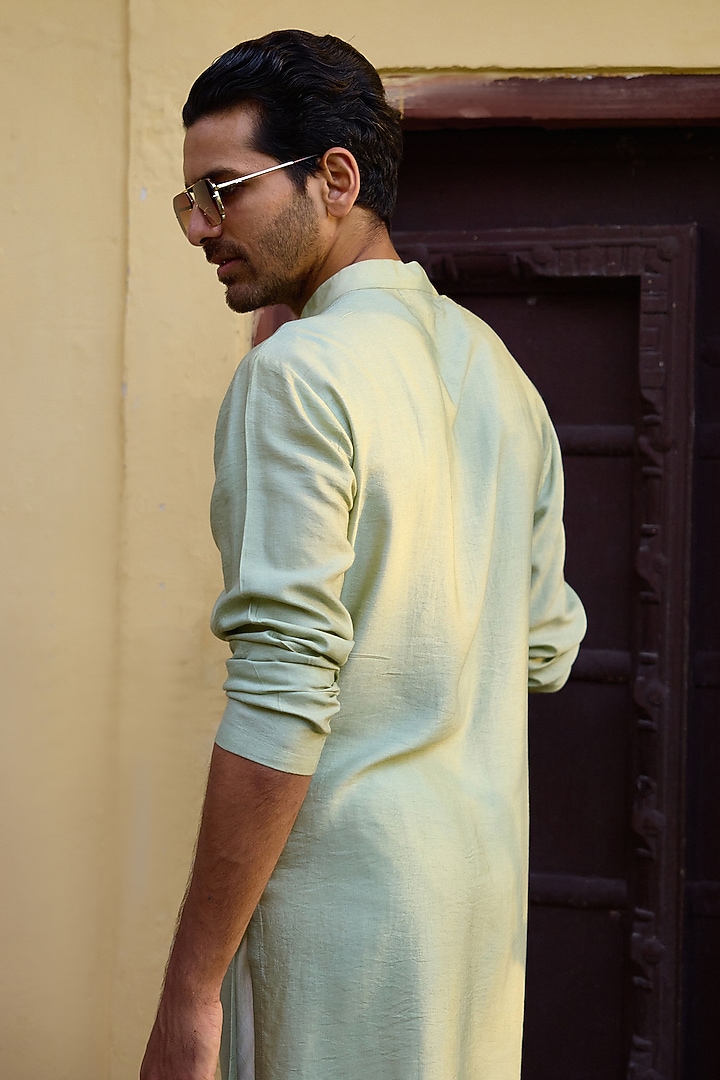 Mint Green Viscose Cotton Silk & Georgette Thread Embroidered Kurta Set by Ankit V Kapoor at Pernia's Pop Up Shop