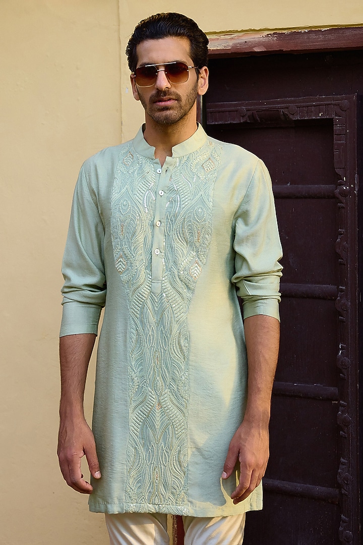 Mint Green Viscose Cotton Silk & Georgette Thread Embroidered Kurta Set by Ankit V Kapoor at Pernia's Pop Up Shop