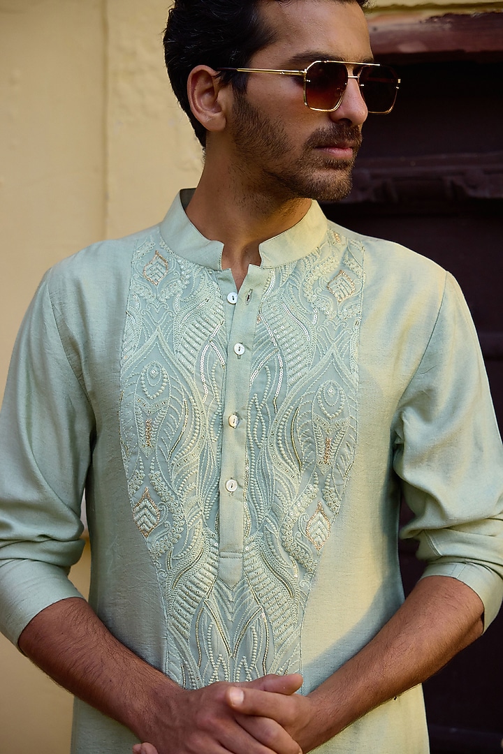 Mint Green Viscose Cotton Silk & Georgette Thread Embroidered Kurta Set by Ankit V Kapoor at Pernia's Pop Up Shop