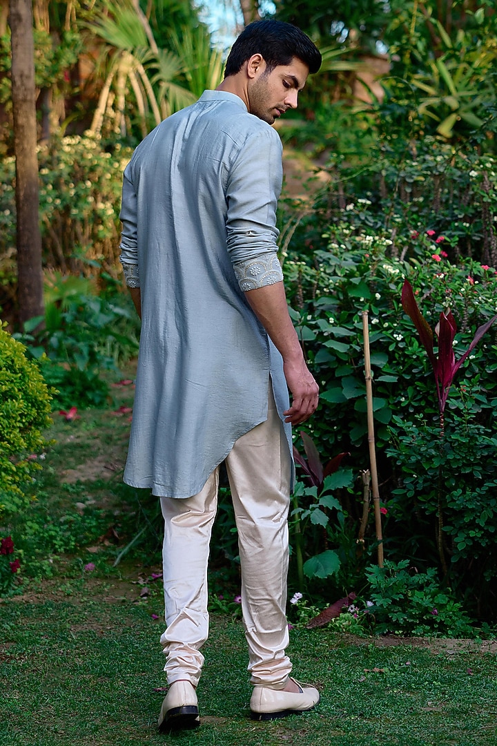 Ash Grey Cotton Silk Thread Embroidered Kurta Set by Ankit V Kapoor at Pernia's Pop Up Shop