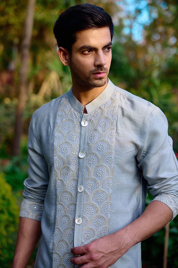 Ash Grey Cotton Silk Thread Embroidered Kurta Set by Ankit V Kapoor at Pernia's Pop Up Shop