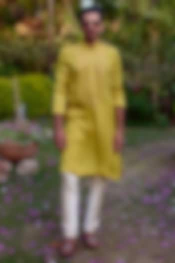 Yellow Viscose Silk Linen Thread Embroidered Kurta Set by Ankit V Kapoor