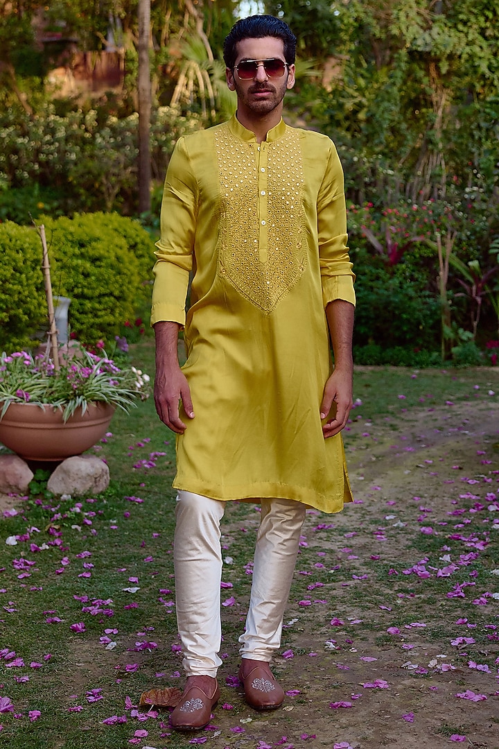 Yellow Viscose Silk Linen Thread Embroidered Kurta Set by Ankit V Kapoor