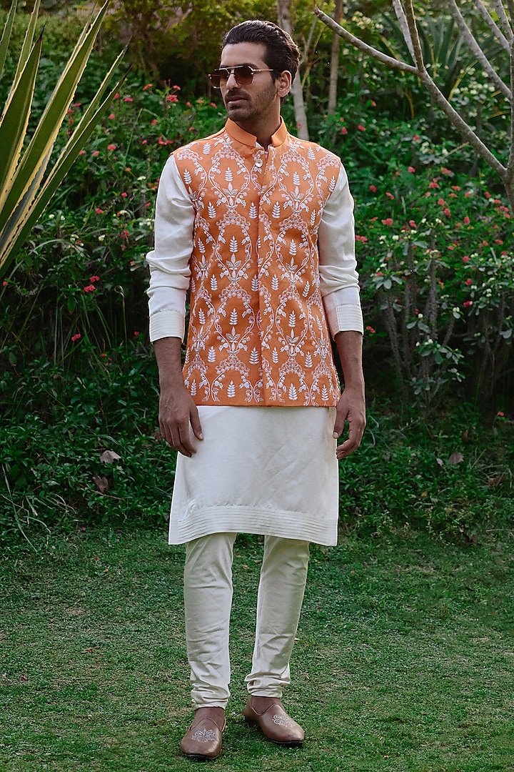 Sunset Orange & Off-White Viscose Silk Linen Bundi Jacket Set by Ankit V Kapoor