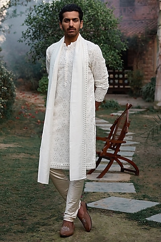 Ivory Viscose Cotton Silk & Georgette Machine Embroidered Kurta Set by Ankit V Kapoor