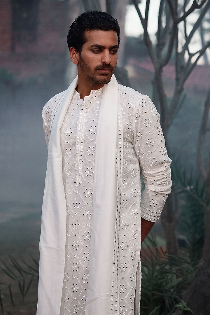 Ivory Viscose Cotton Silk & Georgette Machine Embroidered Kurta Set by Ankit V Kapoor at Pernia's Pop Up Shop