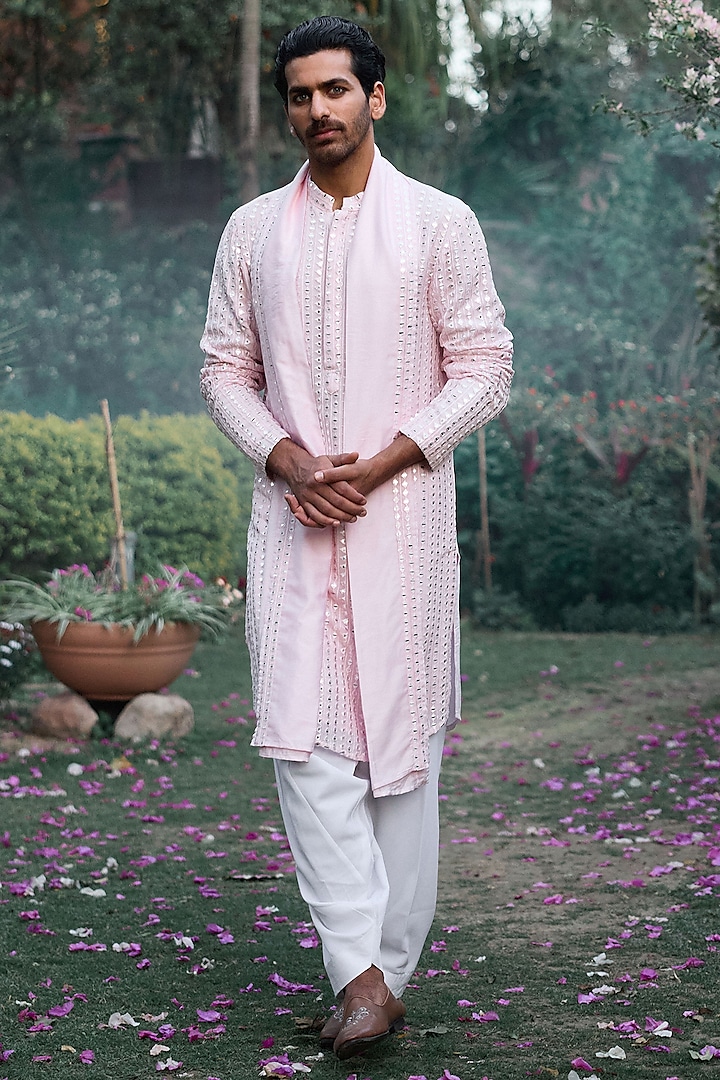 Powder Pink Viscose Cotton Silk & Georgette Thread Embroidered Kurta Set by Ankit V Kapoor