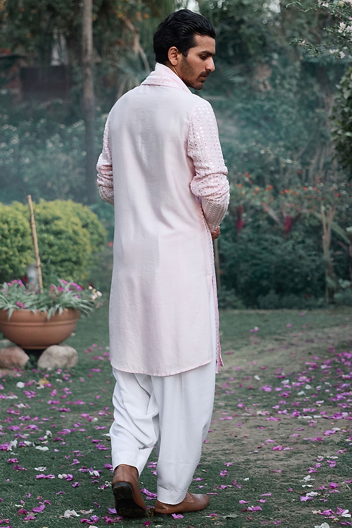 Powder Pink Viscose Cotton Silk & Georgette Thread Embroidered Kurta Set by Ankit V Kapoor at Pernia's Pop Up Shop