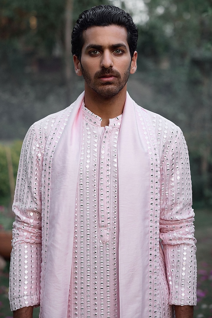 Powder Pink Viscose Cotton Silk & Georgette Thread Embroidered Kurta Set by Ankit V Kapoor at Pernia's Pop Up Shop