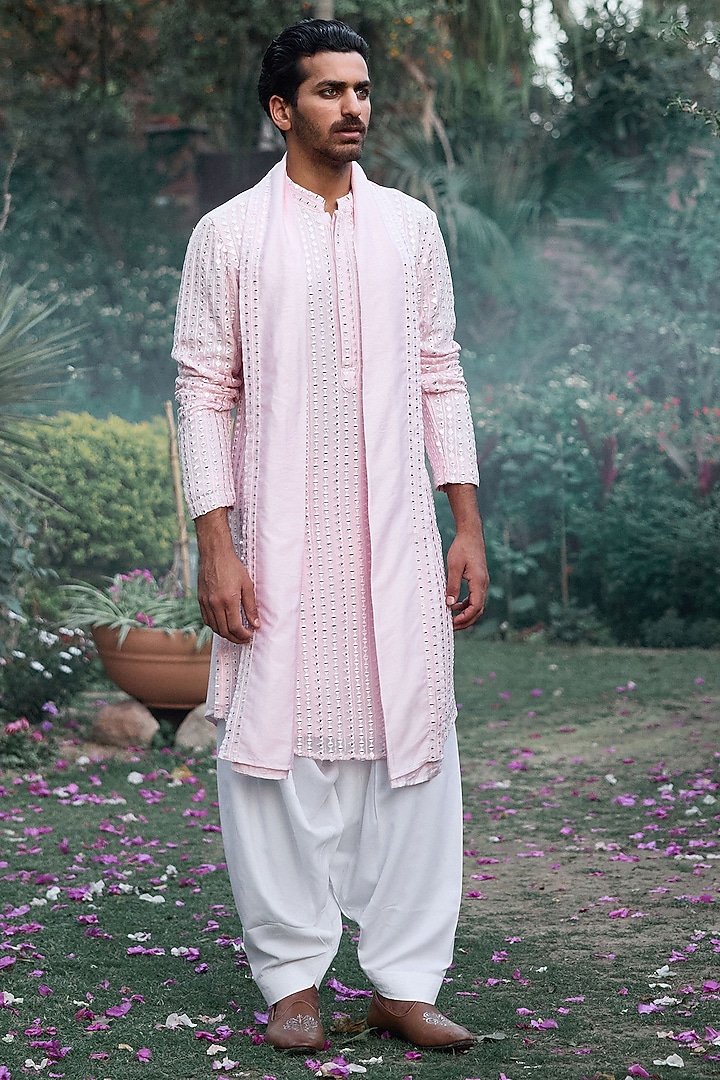 Powder Pink Viscose Cotton Silk & Georgette Thread Embroidered Kurta Set by Ankit V Kapoor at Pernia's Pop Up Shop