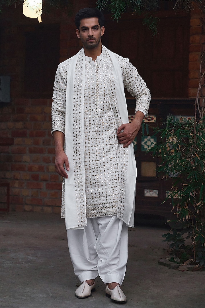 Ivory Viscose Cotton Silk & Georgette Thread Embroidered Kurta Set by Ankit V Kapoor