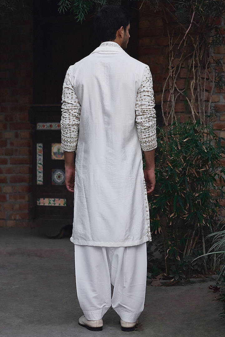 Ivory Viscose Cotton Silk & Georgette Thread Embroidered Kurta Set by Ankit V Kapoor at Pernia's Pop Up Shop