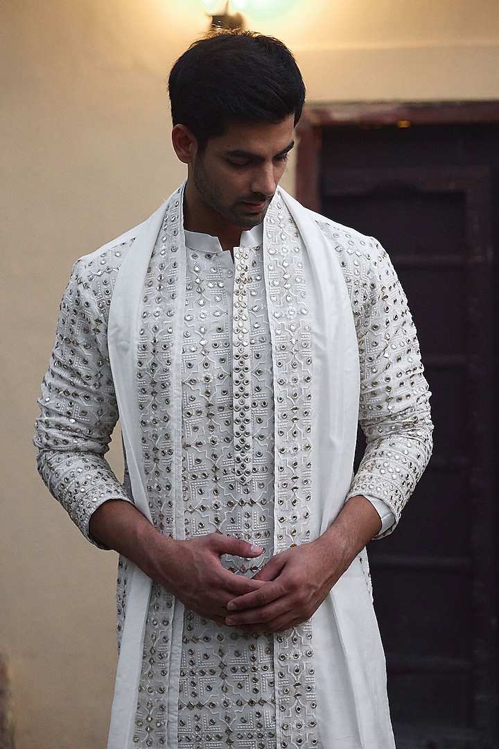 Ivory Viscose Cotton Silk & Georgette Thread Embroidered Kurta Set by Ankit V Kapoor at Pernia's Pop Up Shop