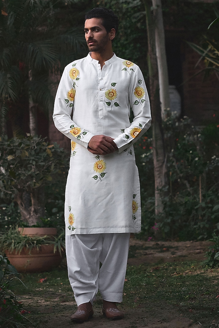 Off-White Viscose Cotton Silk Printed Kurta Set by Ankit V Kapoor