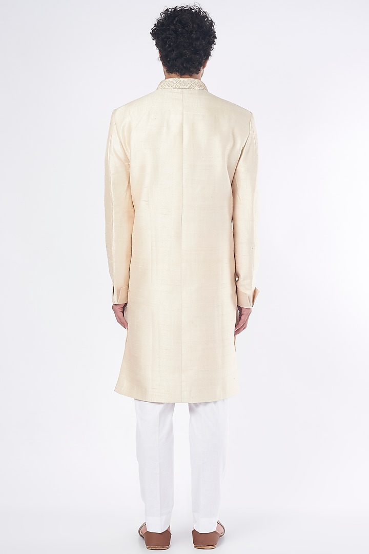 Beige Pure Raw Silk Aari Embroidered Wedding Sherwani Set by Ankit V Kapoor at Pernia's Pop Up Shop