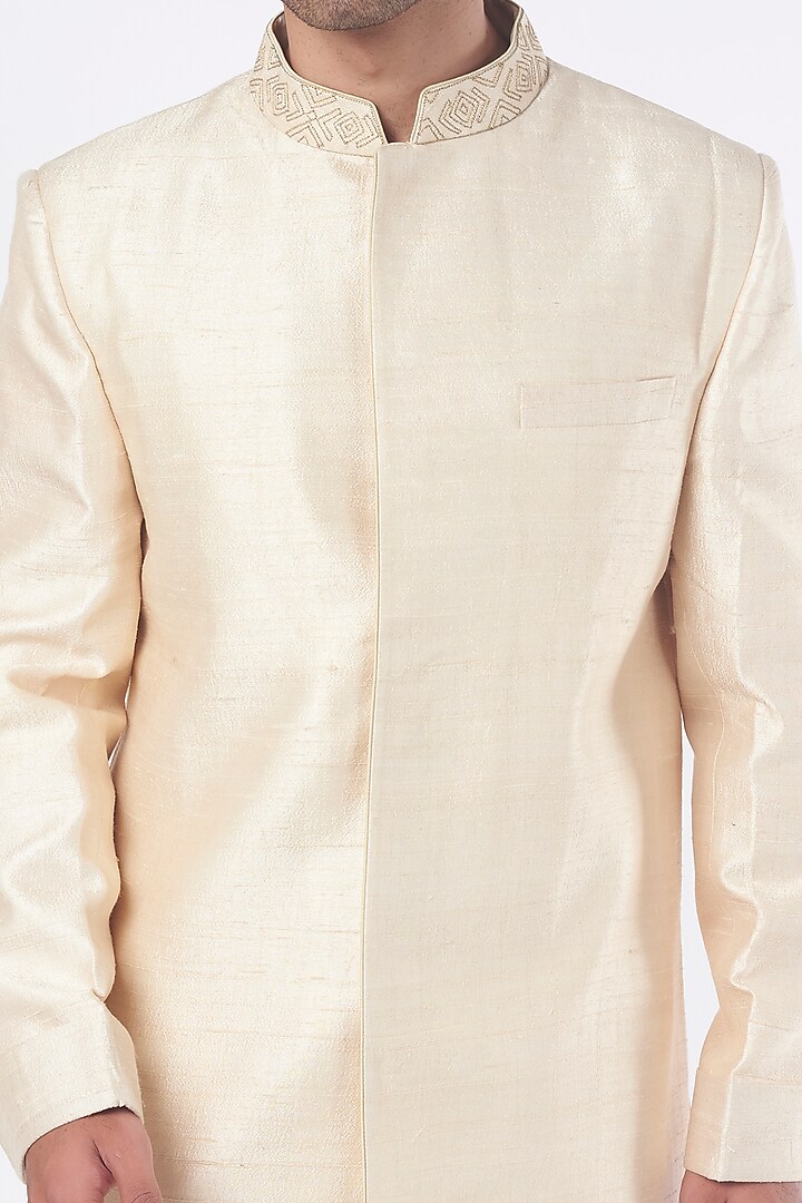 Beige Pure Raw Silk Aari Embroidered Wedding Sherwani Set by Ankit V Kapoor at Pernia's Pop Up Shop