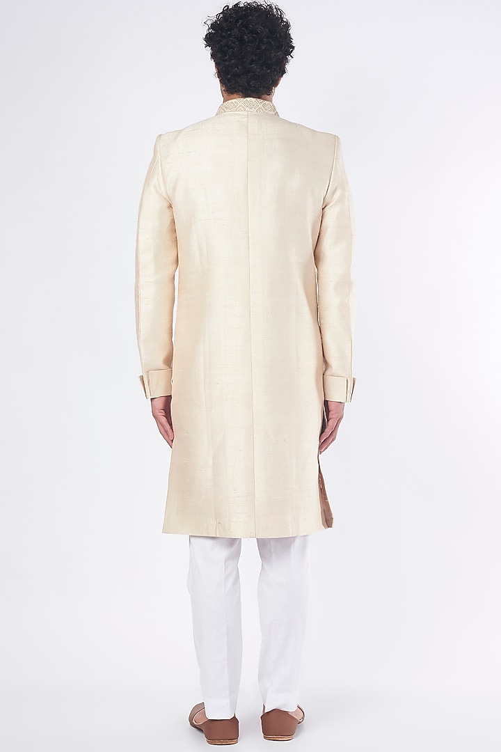 Peach Pure Raw Silk Aari Embroidered Wedding Sherwani Set by Ankit V Kapoor at Pernia's Pop Up Shop
