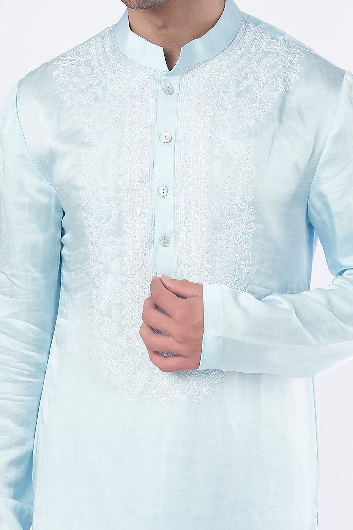 Powder Blue Embroidered Kurta Set by Ankit V Kapoor at Pernia's Pop Up Shop