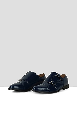 Navy Blue Vegan Leather Double Strap Monks by Ankit V Kapoor
