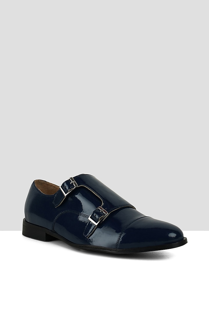 Navy Blue Vegan Leather Double Strap Monks by Ankit V Kapoor at Pernia's Pop Up Shop
