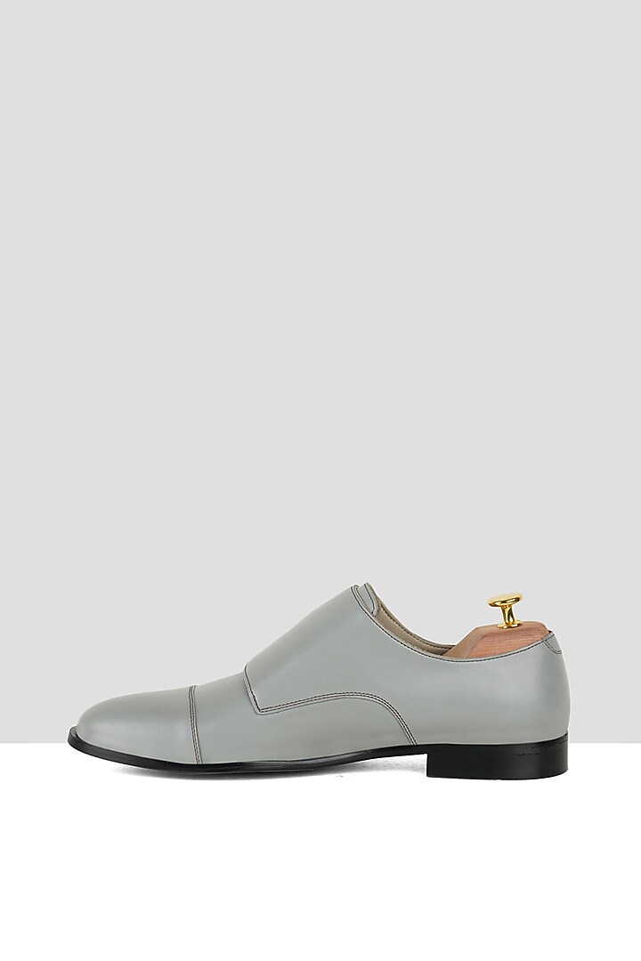 Grey Vegan Leather Double Strap Monks by Ankit V Kapoor at Pernia's Pop Up Shop