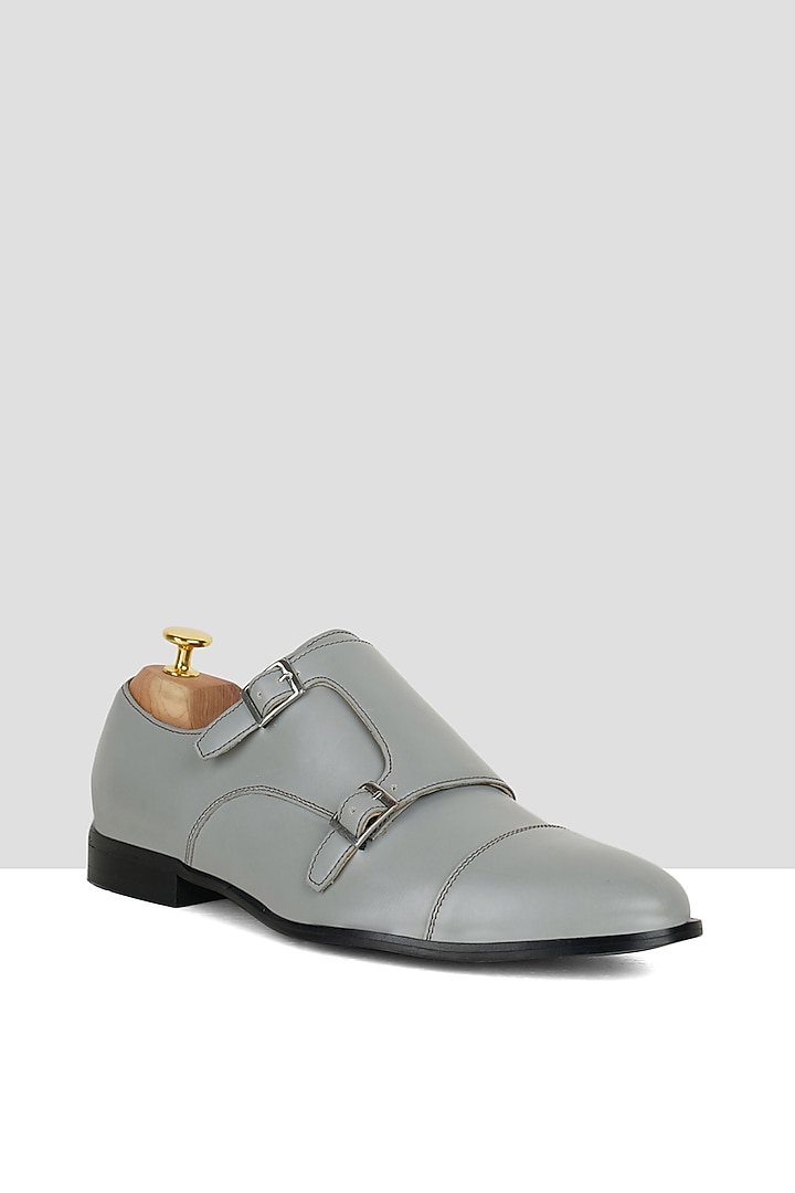 Grey Vegan Leather Double Strap Monks by Ankit V Kapoor at Pernia's Pop Up Shop