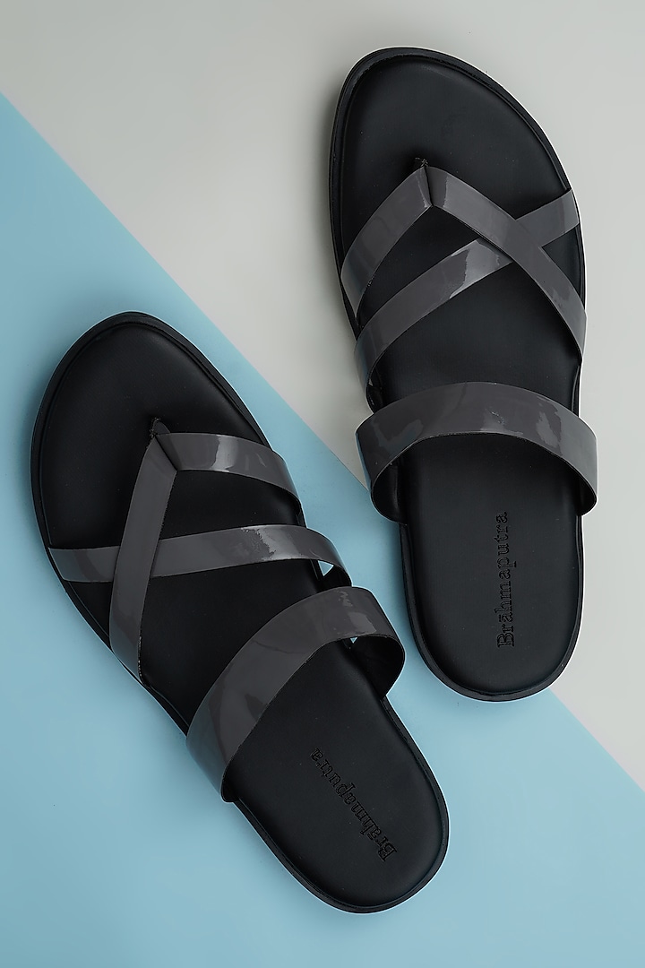 Grey & Black Vegan Leather Criss-Cross Sandals by Ankit V Kapoor
