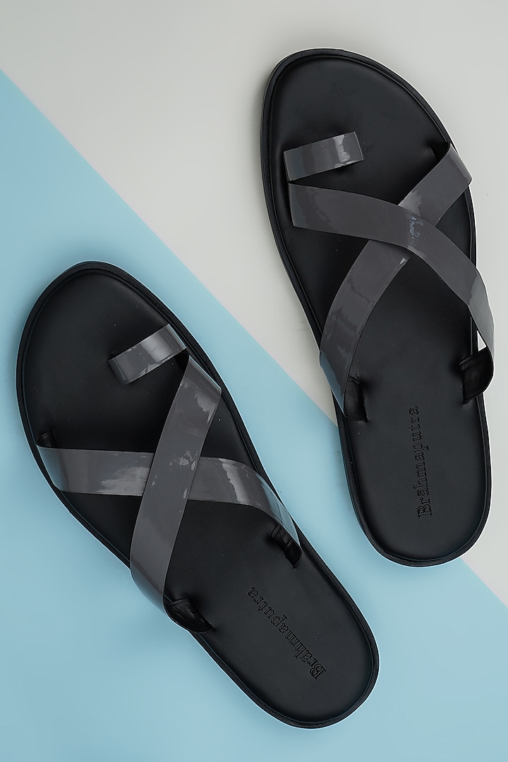 Grey & Black Vegan Leather Cross Sandals by Ankit V Kapoor